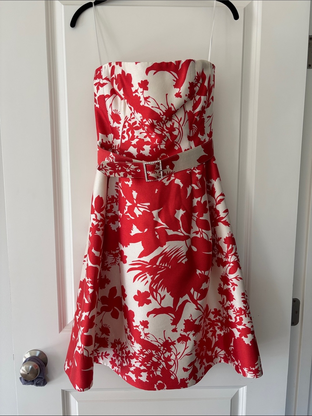 Rickie Freeman for Teri Jon Strapless Red and White Floral Belted Dress